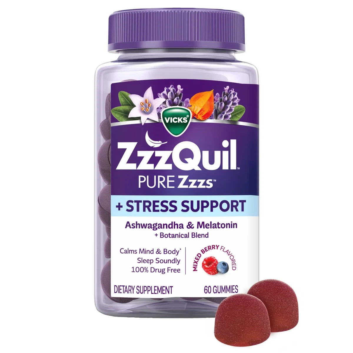 Pure Zzzs De-Stress & Sleep Melatonin + Ashwagandha Gummies - Blackberry Vanilla