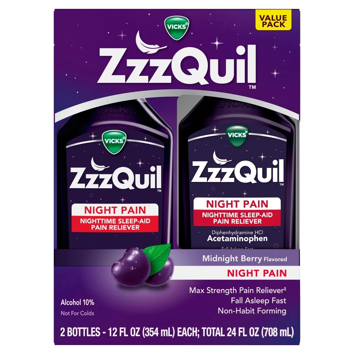 ZzzQuil Night Pain Syrup - Midnight Berry - Acetaminophen - 24 fl oz/2pk