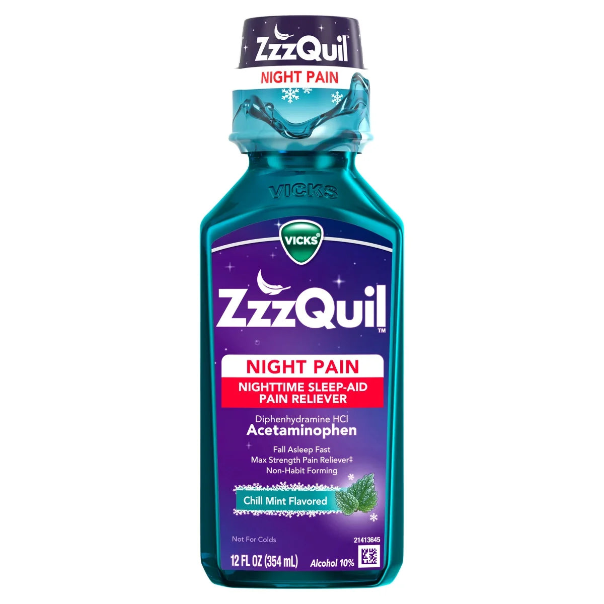 ZzzQuil Night Pain Liquid - Chill Mint - Acetaminophen - 12 fl oz