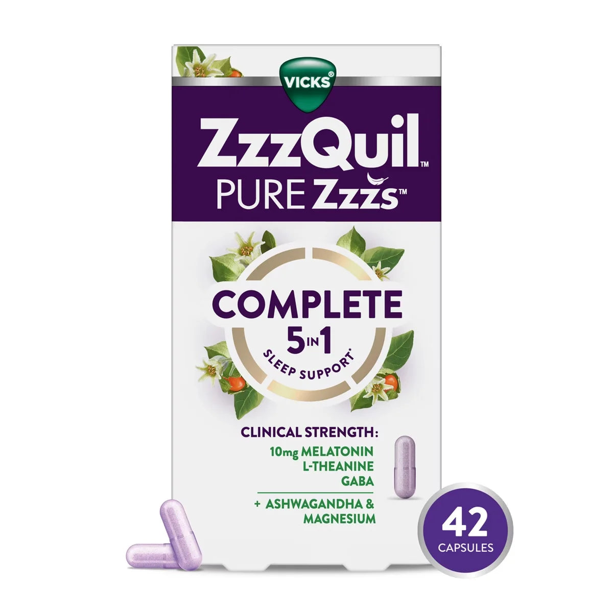 ZzzQuil Complete 5 in 1 Sleep Support Capsules - L-Theanine - 42ct